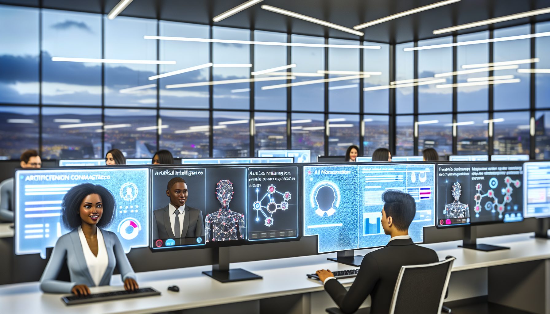 Diverse professionals collaborate in a sleek, high-tech office with AI tools enhancing workflows.