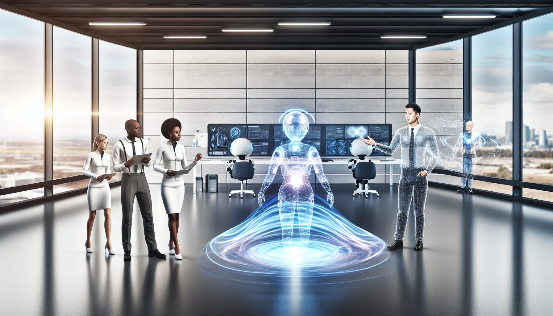 A futuristic workspace with humanoid AI assisting a diverse team amid holographic data displays.