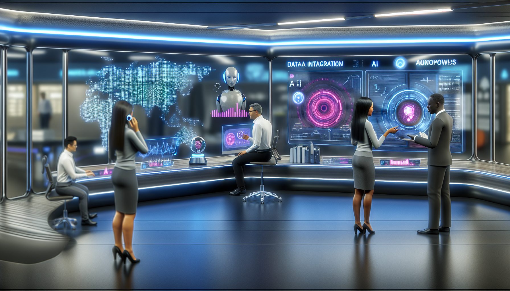 Futuristic workspace with diverse professionals collaborating with AI platforms and digital interfaces.