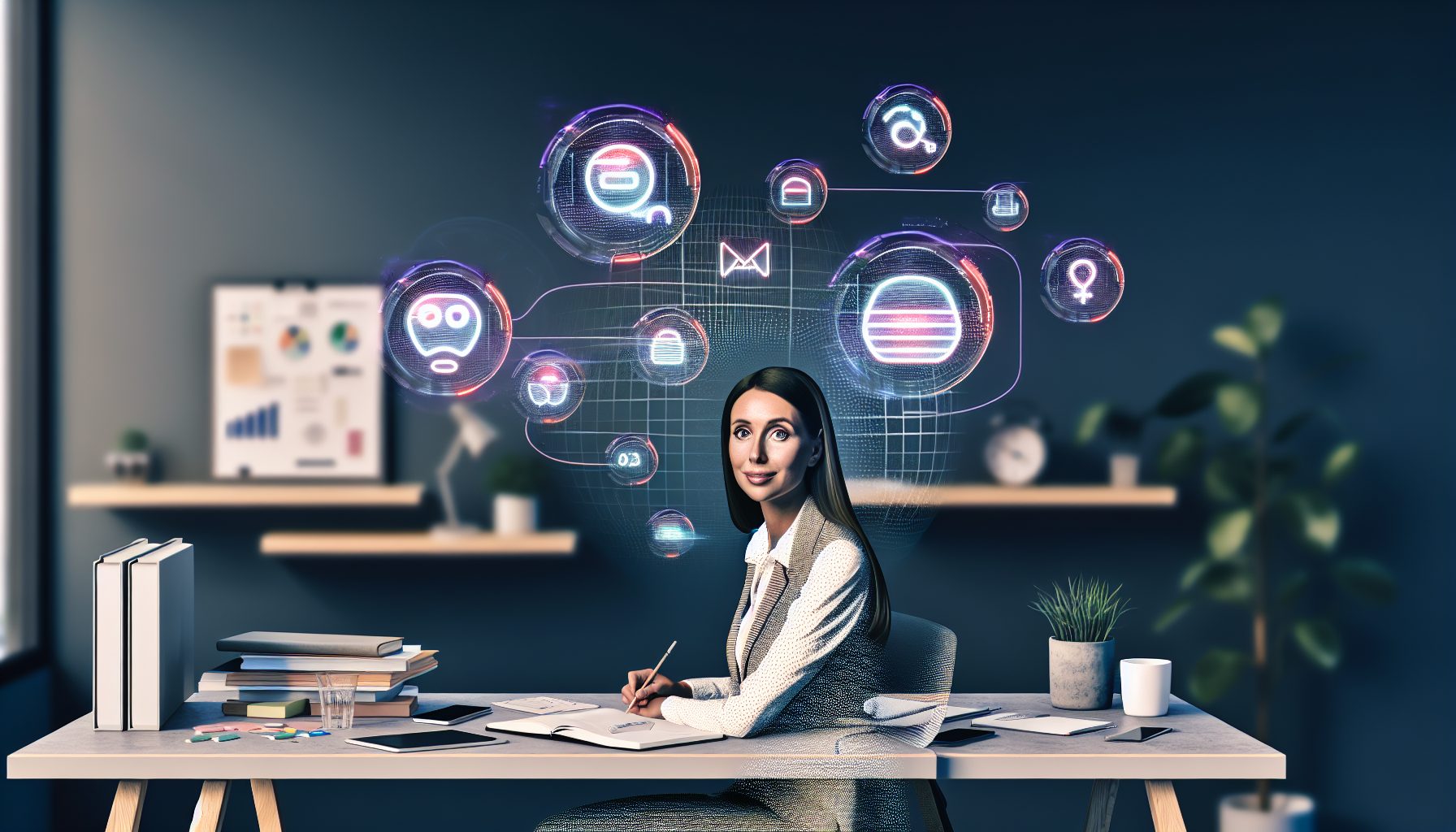 Small business owner at a modern desk with AI holograms streamlining operations.