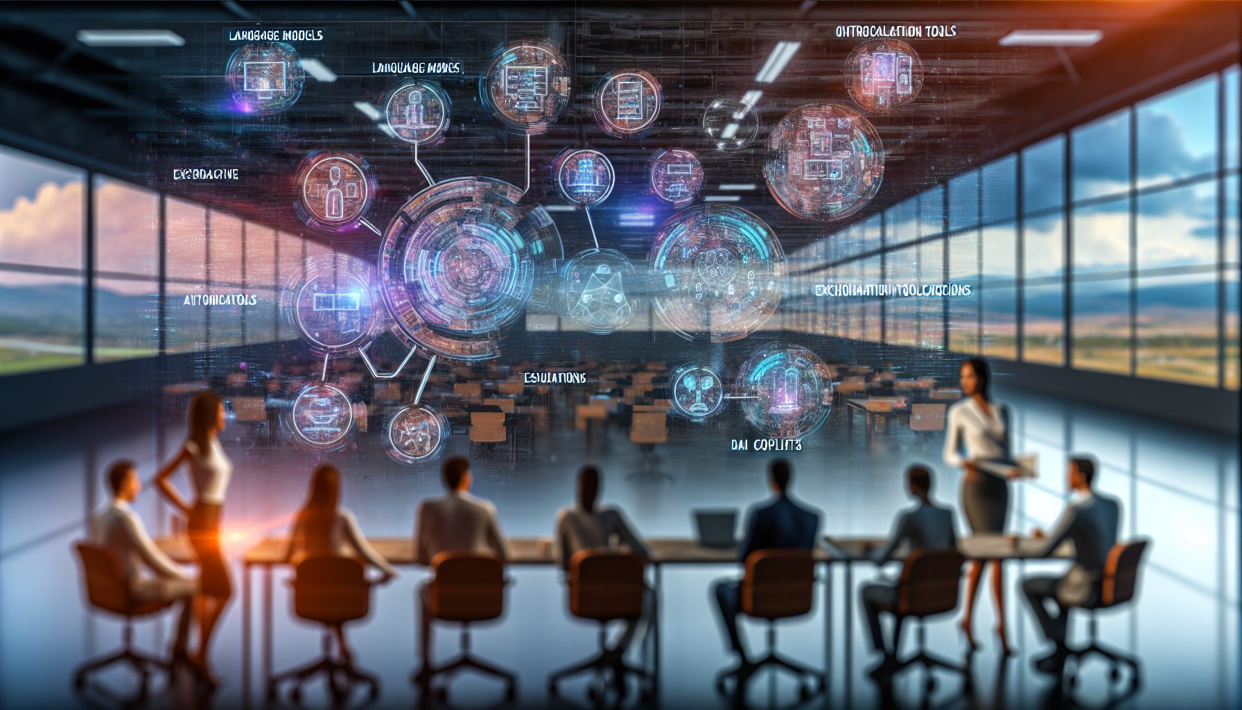 Diverse professionals collaborate in a vibrant office, using advanced AI technologies and holographic displays.