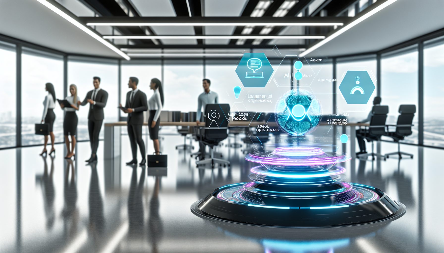 Futuristic workspace with autonomous agents managing tasks and professionals collaborating with AI.