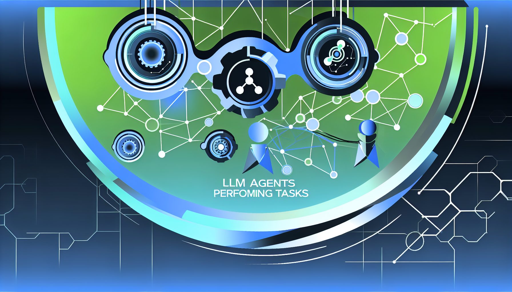 Vector image of interconnected gears and nodes symbolizing LLM agents automating tasks.
