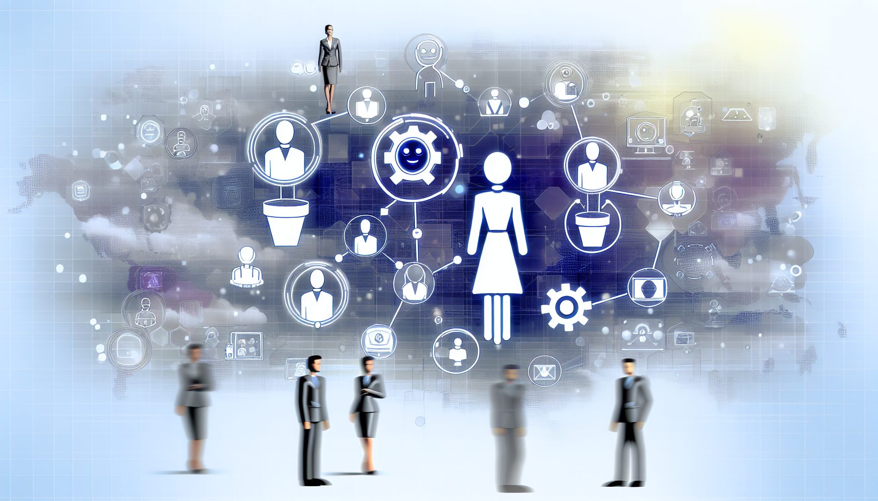 Illustration of interconnected LLM agents automating tasks in a sleek, minimalist business setting.