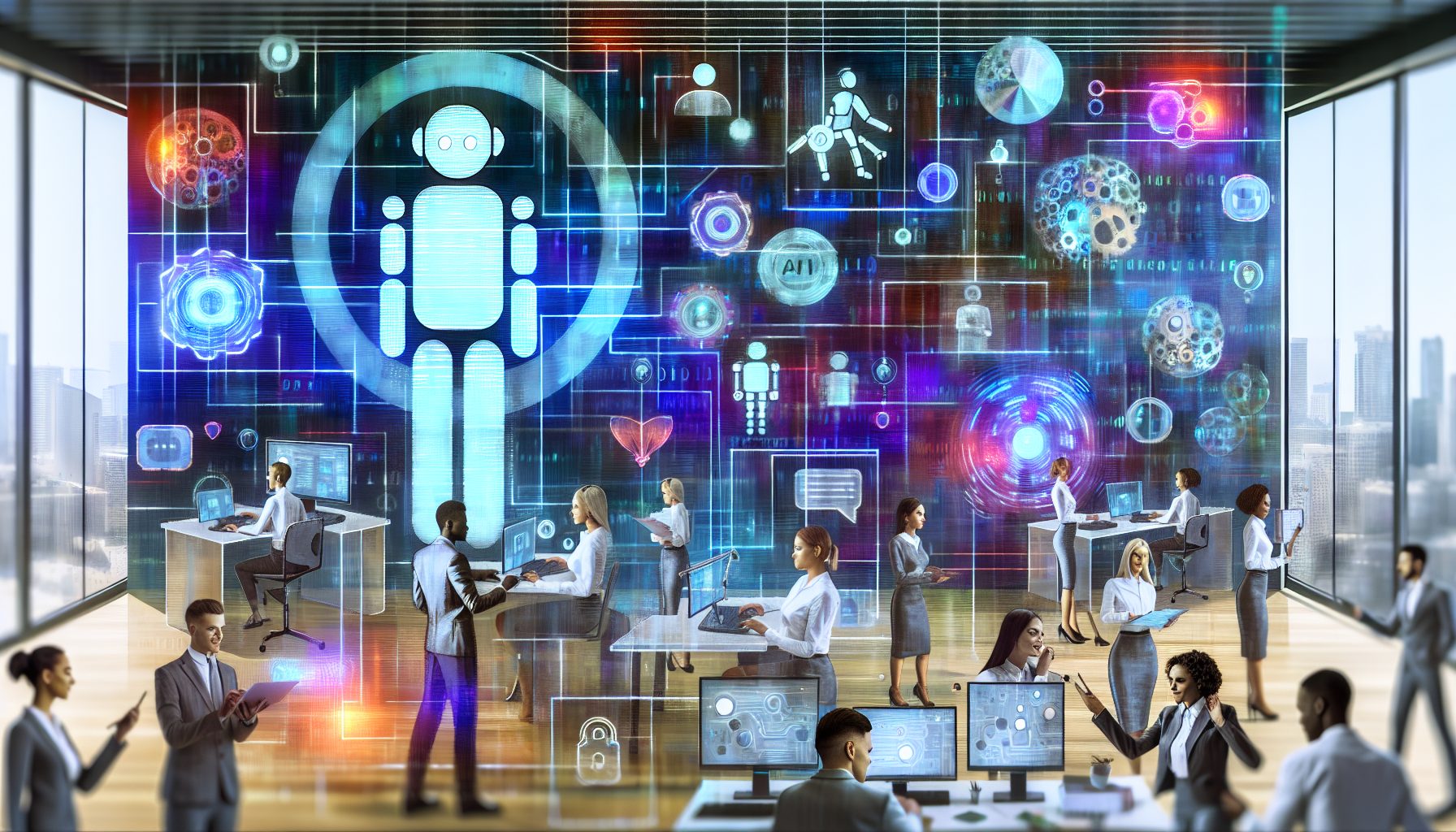 A vibrant digital painting of AI agents and humans collaborating in a futuristic workspace.