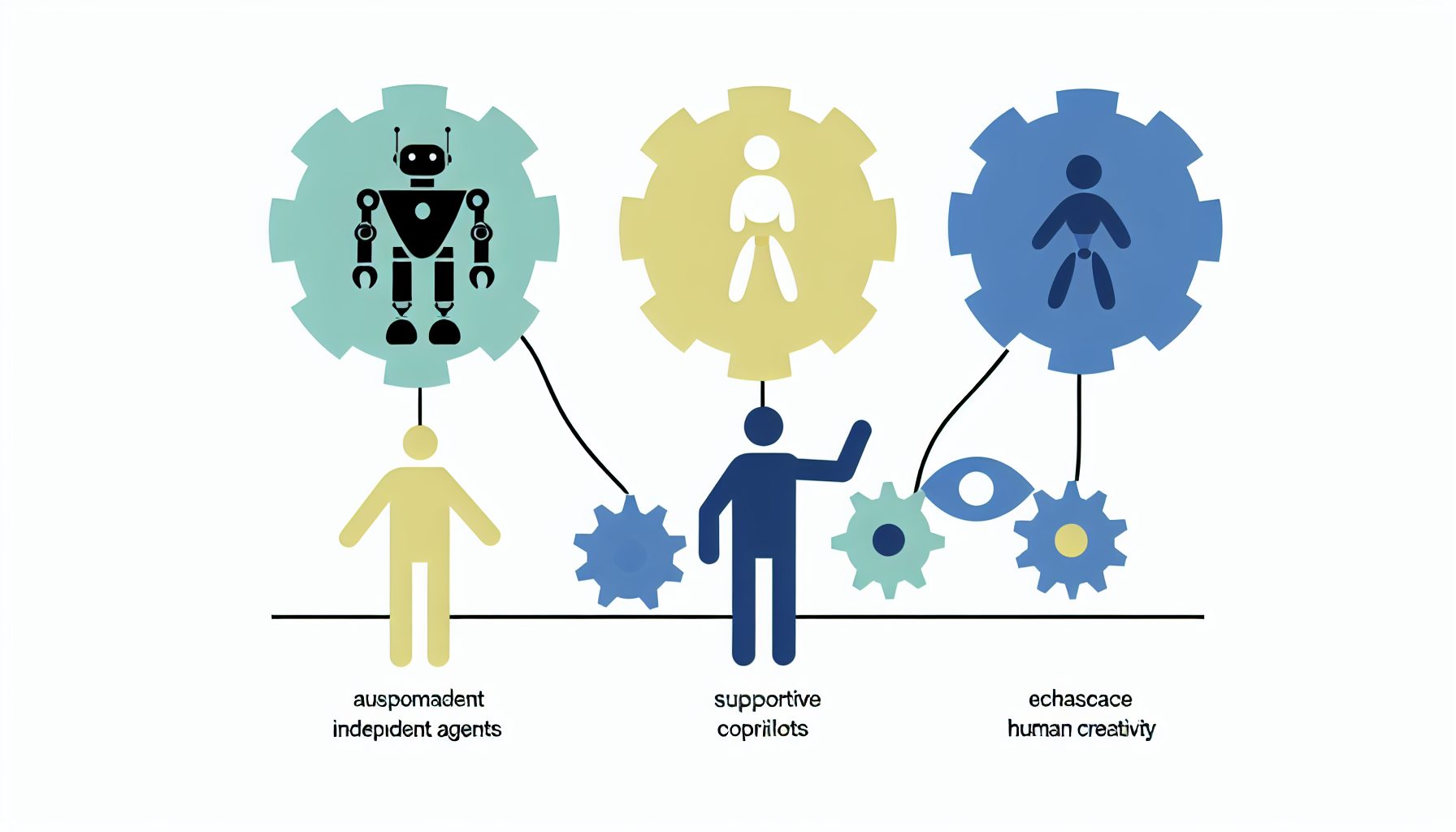 Illustration of LLM agents: a robot, a supportive figure, and interconnected gears for workflow optimization.
