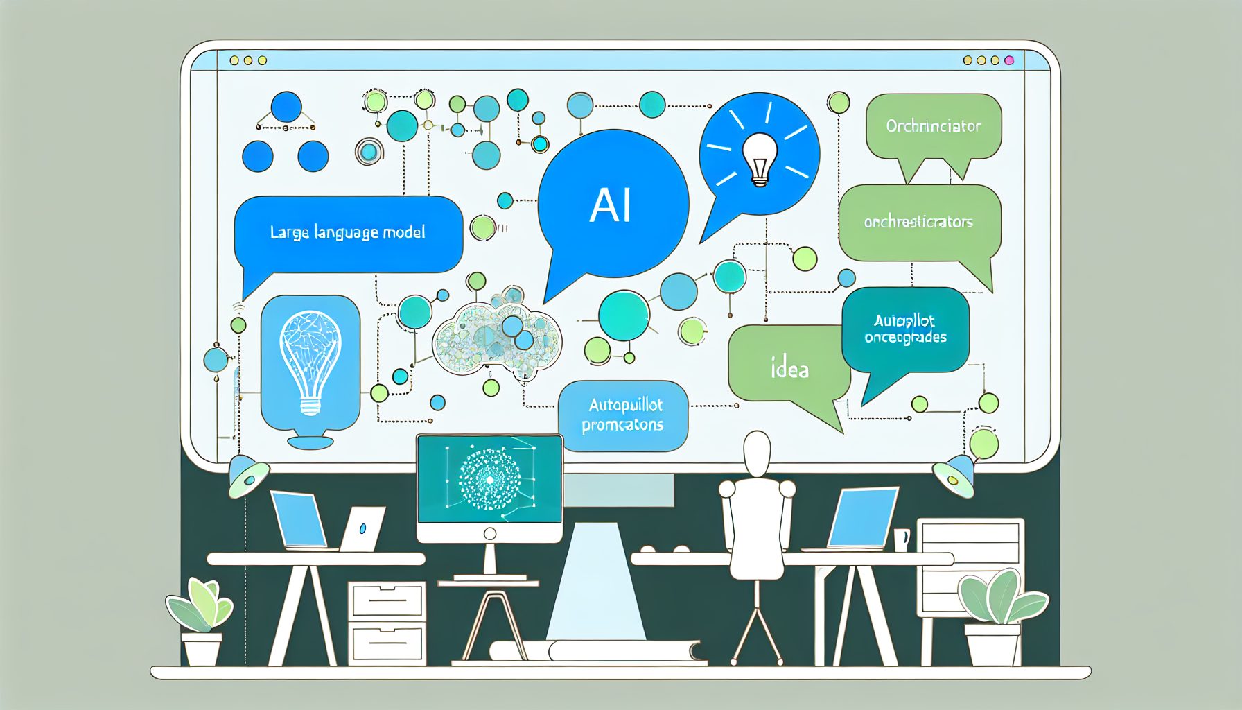 Modern workspace with digital screen showing AI agents, speech bubbles, and organized tech elements.