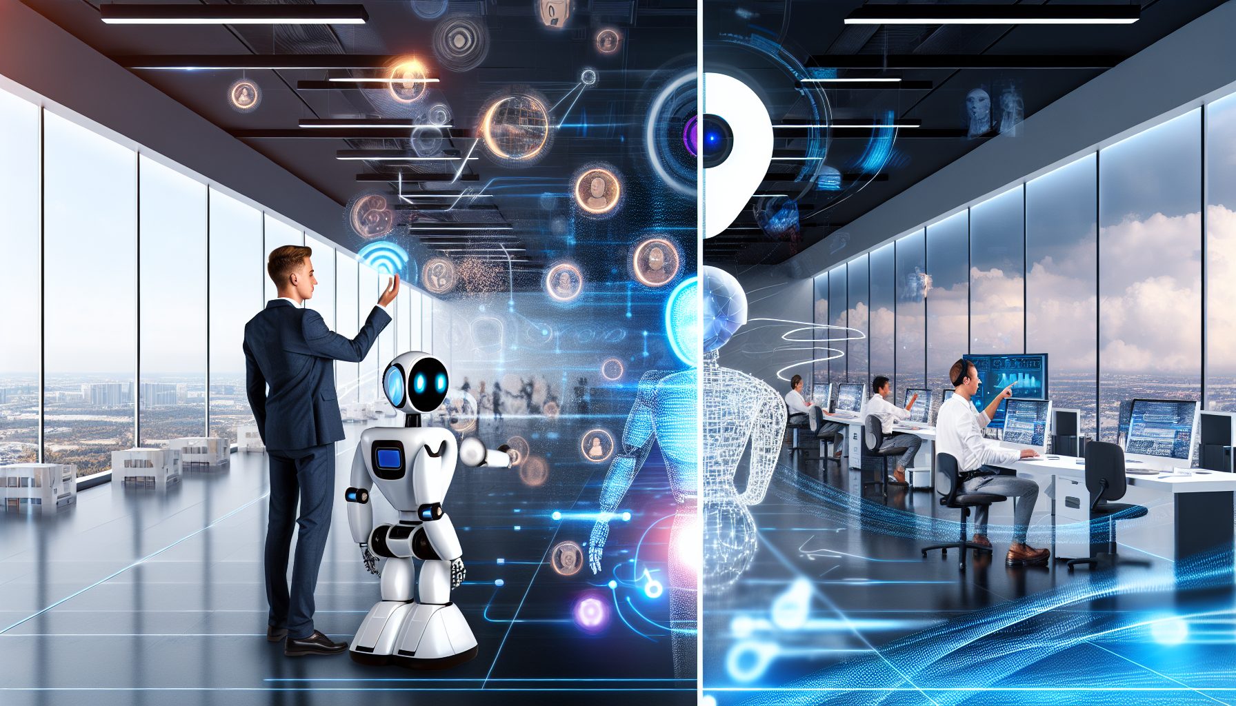 Split scene: a sleek robot autonomously working vs. a human with a holographic AI copilot.