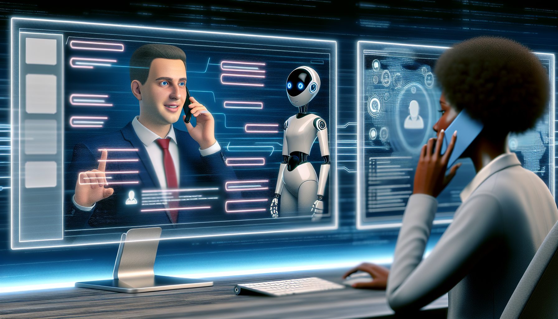 Diverse team of agents collaborating with AI chatbots in a modern customer support setting.