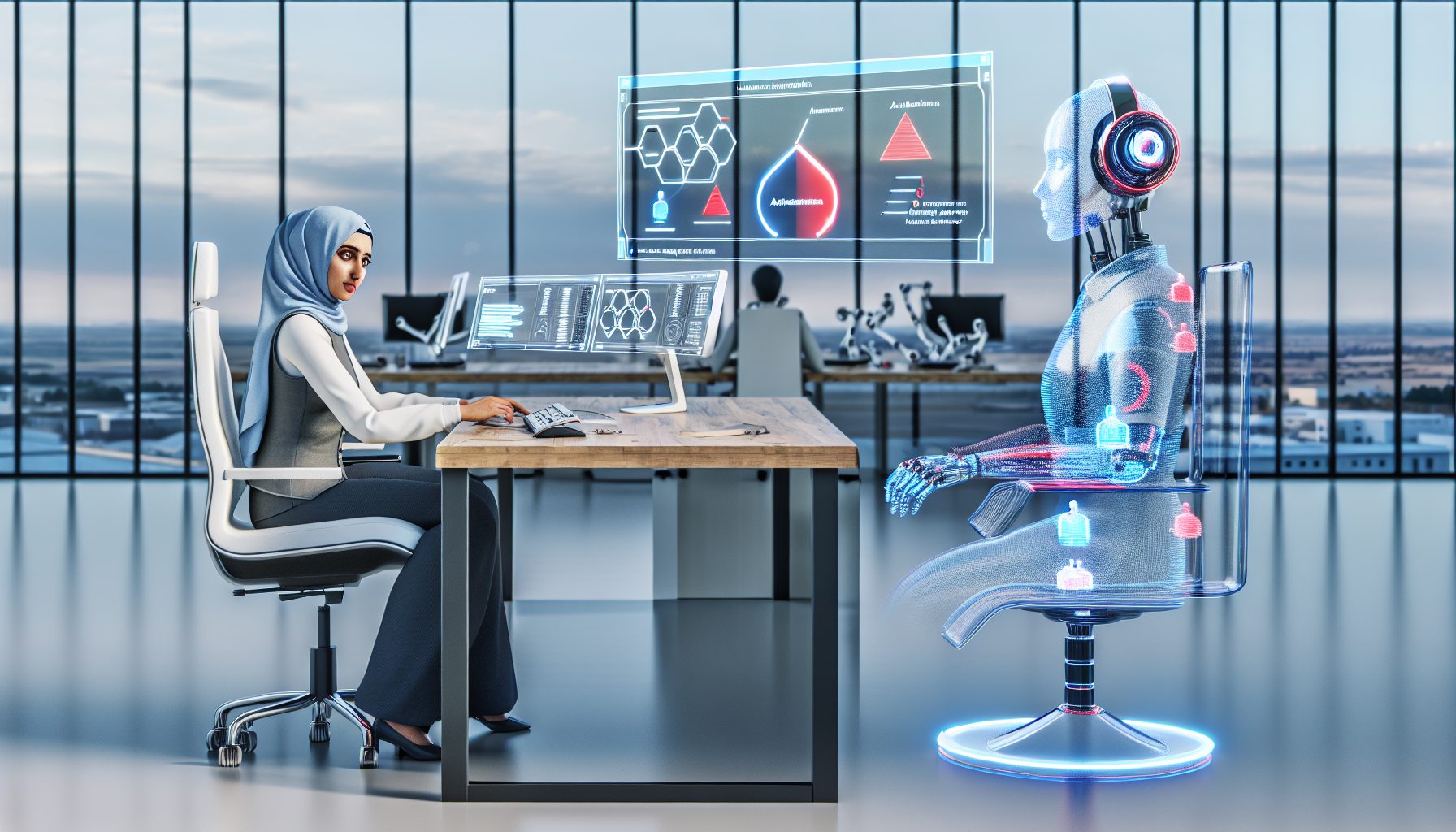 A human agent collaborates with a translucent AI copilot in a modern office setting.