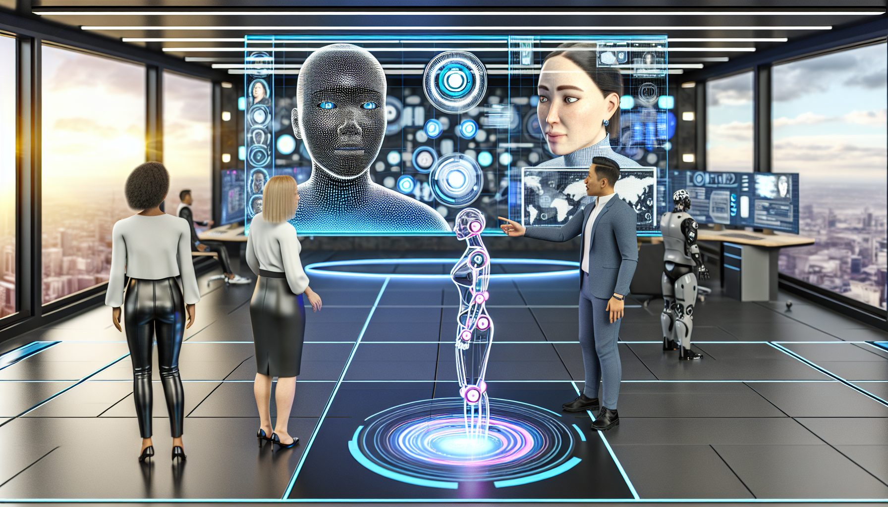 Futuristic office with AI agents assisting human workers in a collaborative environment.