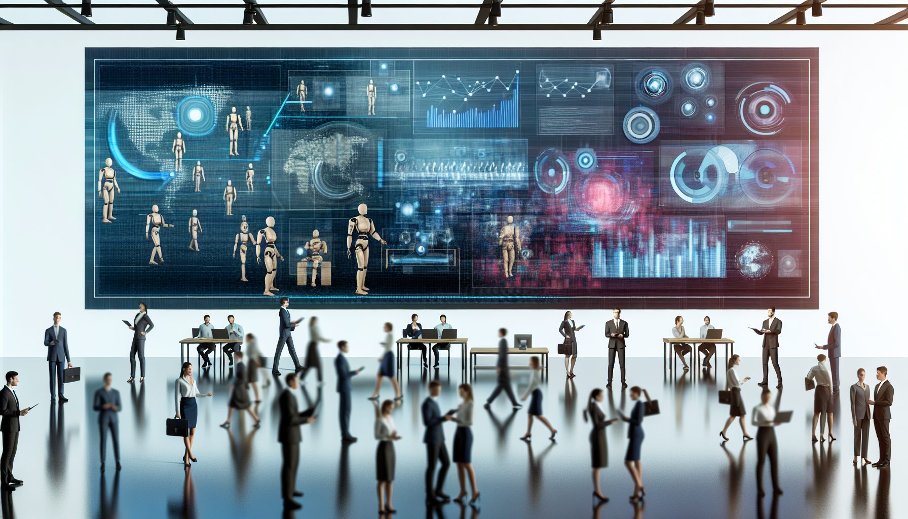 Diverse humanoid figures collaborate in a high-tech office, symbolizing autonomous agent orchestration.