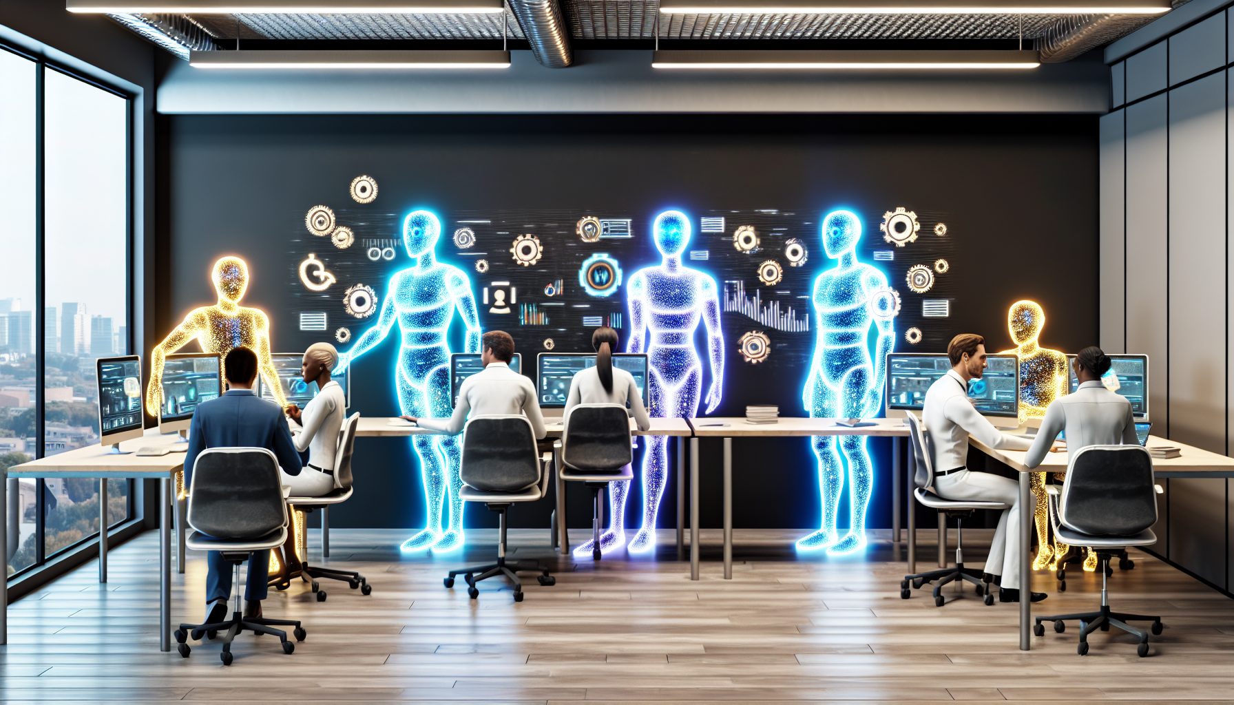 AI agents and humans collaborate in a vibrant, futuristic office environment.