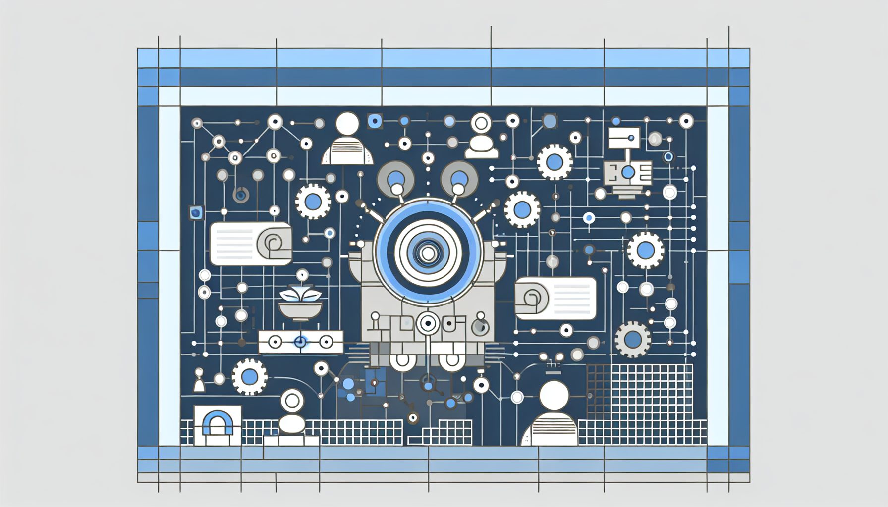Minimalist illustration of autonomous agents collaborating in a futuristic business environment.