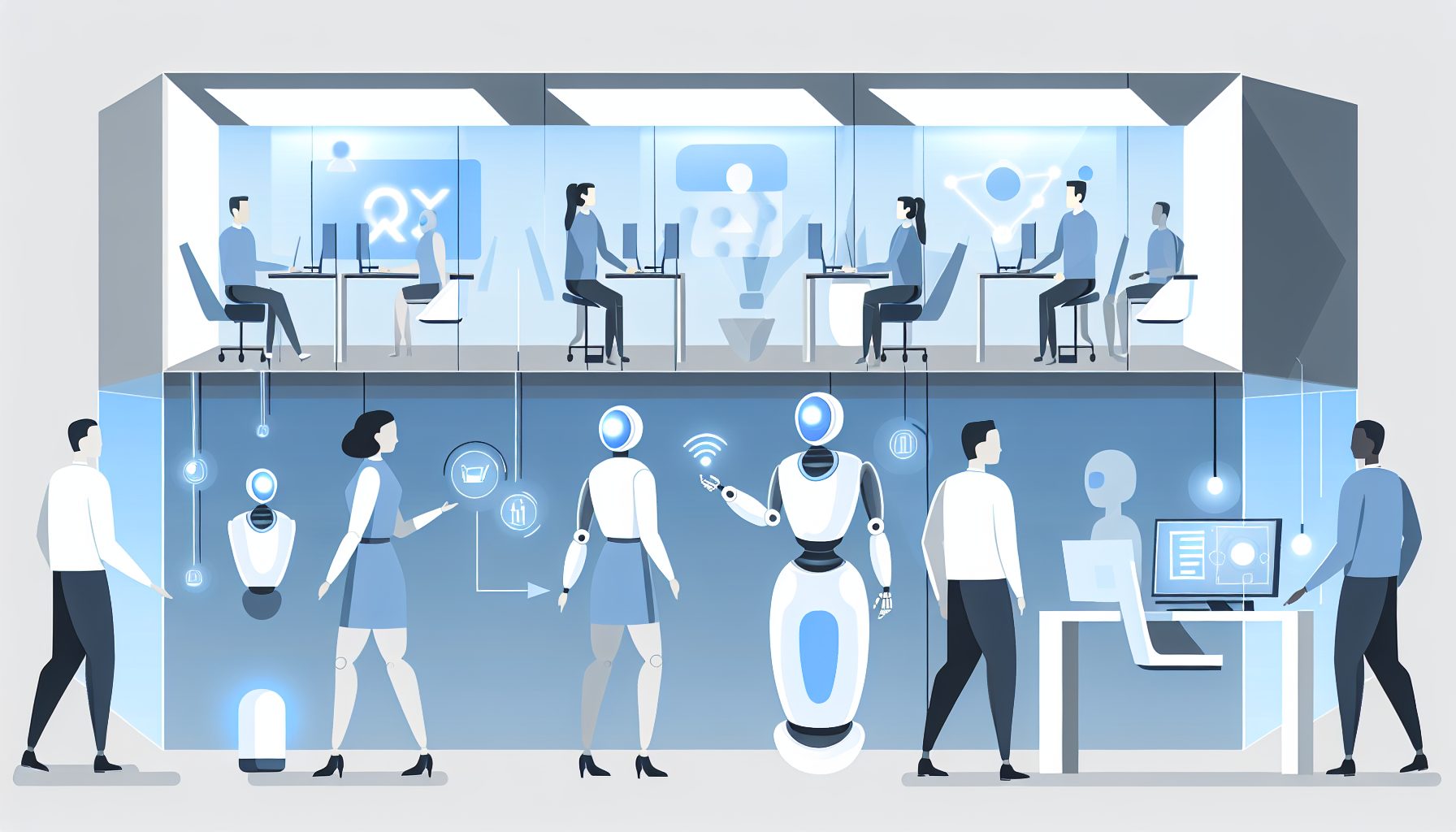 Futuristic office with AI agents and humans collaborating in a sleek, efficient environment.
