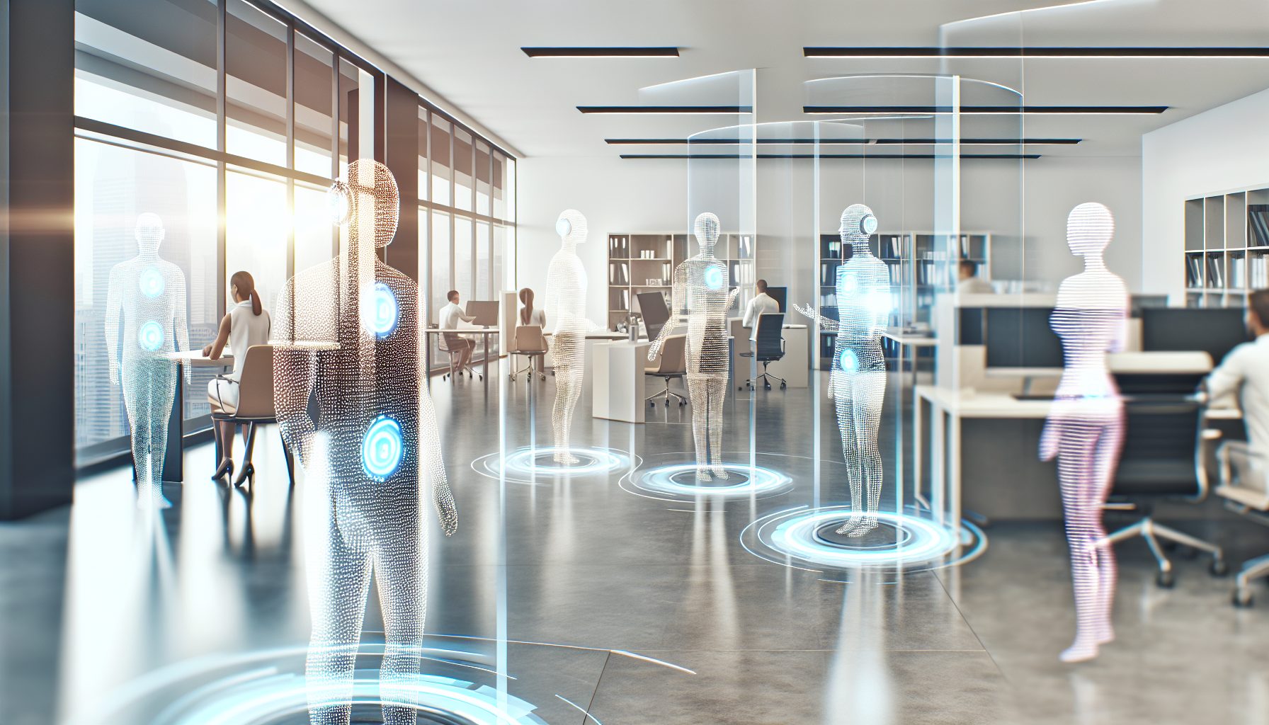 Modern office with diverse workers and advanced AI copilots in sleek digital interfaces.