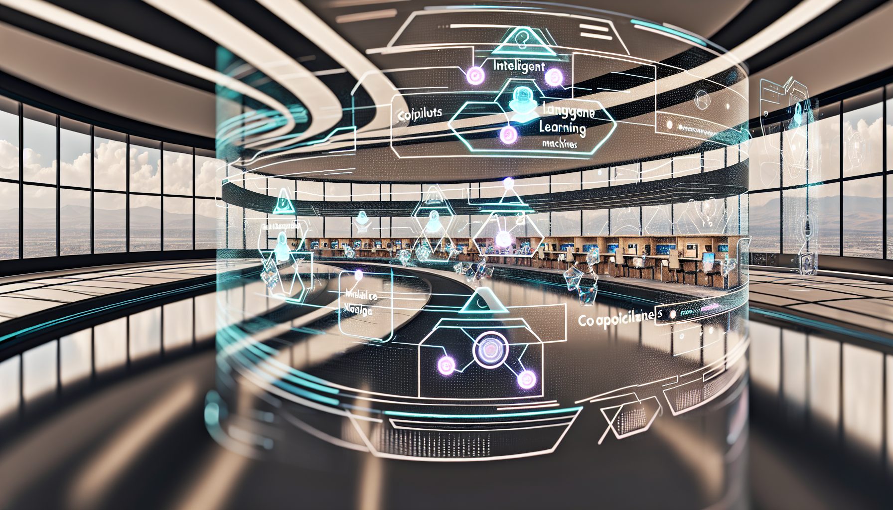 Futuristic digital workspace with autonomous agents, holograms, and efficient data flow integrations.