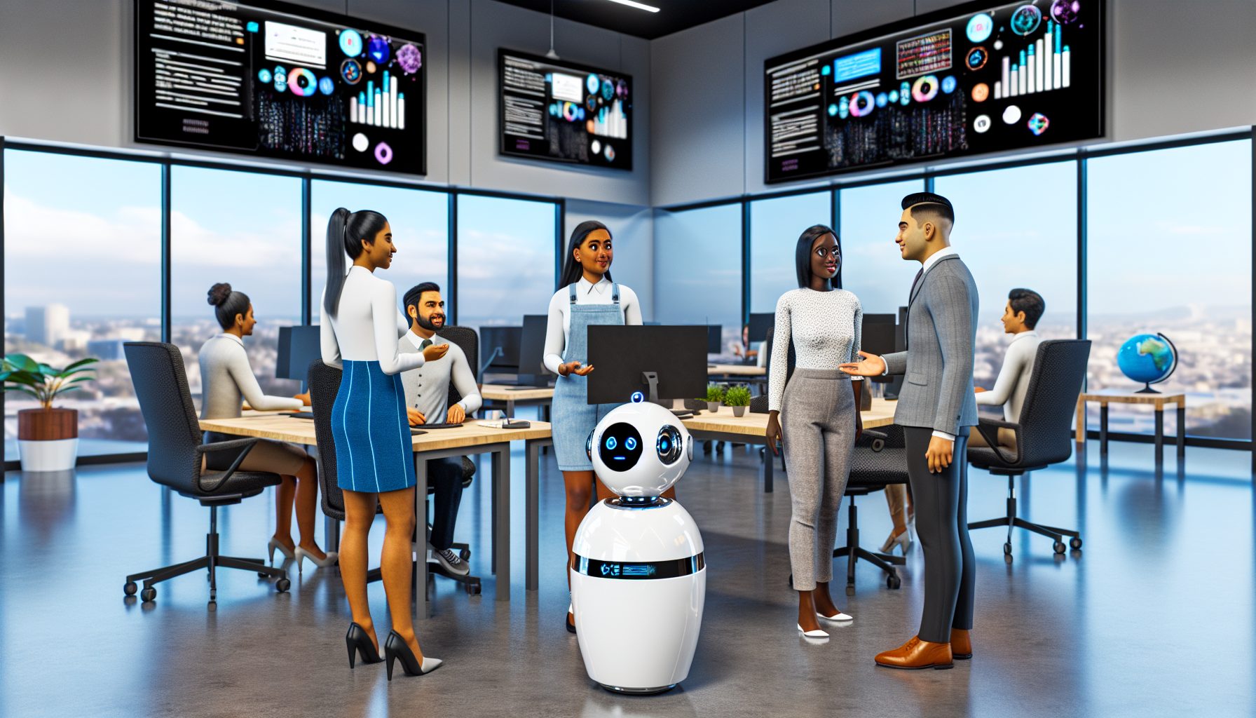 A modern office with digital assistants and employees collaborating, showcasing AI in action.