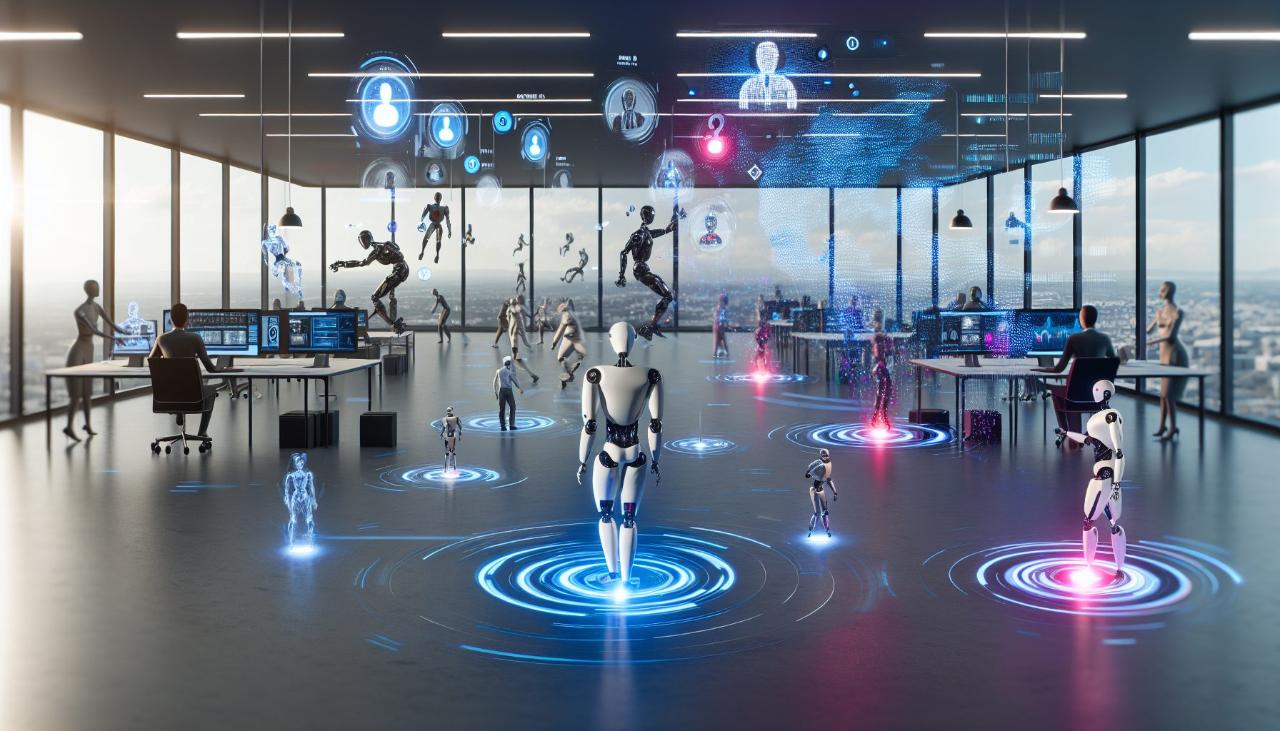 Futuristic office with digital avatars and robots collaborating using holographic displays and data streams.