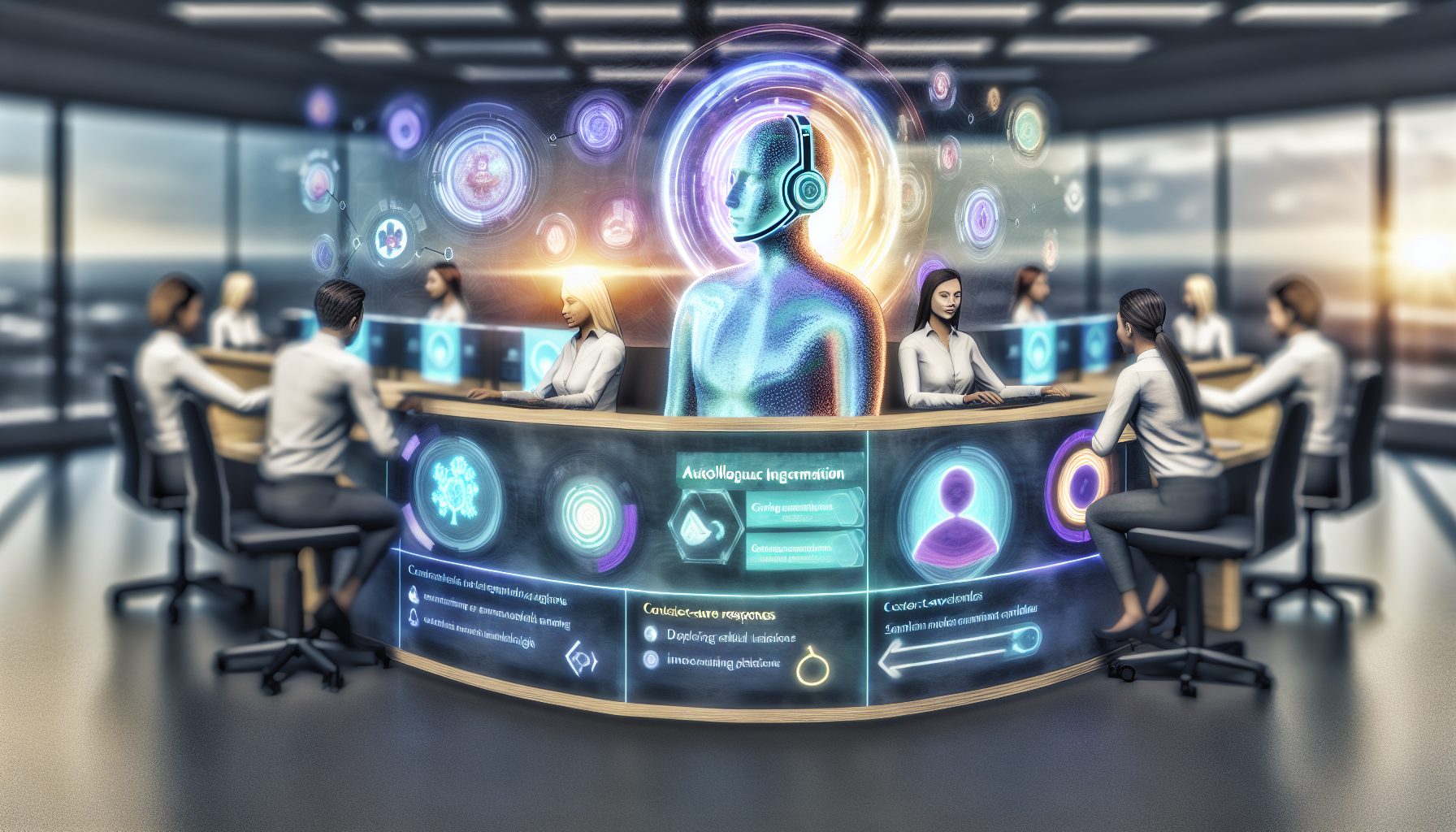 Diverse customer service agents collaborate with AI holograms, enhancing efficiency and satisfaction.